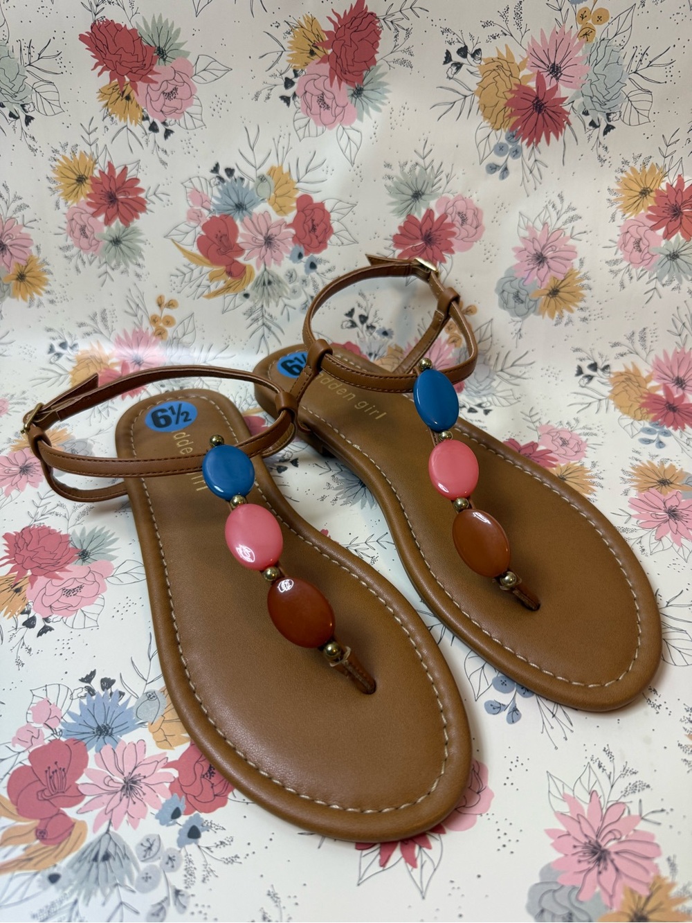 Madden Girl T-Strap Sandals with Blue, Pink & Brown Beads